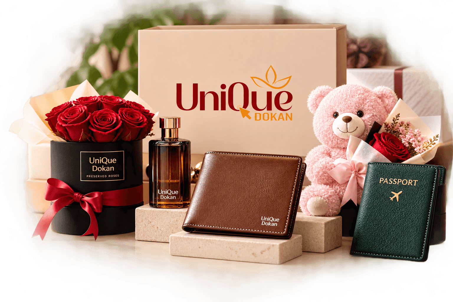 UniQue Dokan collection of preserved roses, perfume, a wallet, a plush teddy bear and a passport holder